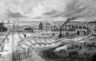 Een impressie van van het spoor tussen Den Haag en Rotterdam in 1847